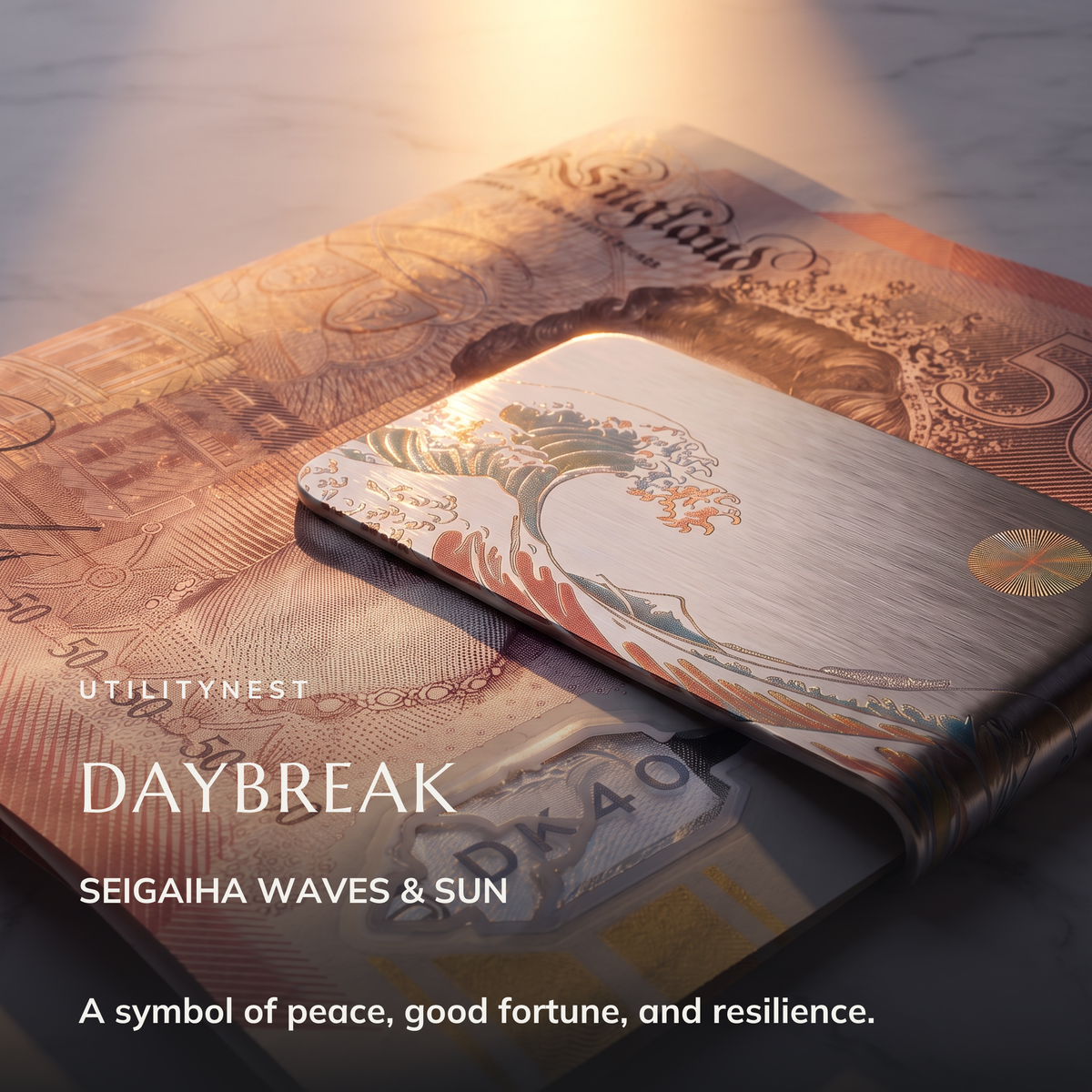 DAYBREAK Seigaiha Waves and Sun money clip holding folded notes