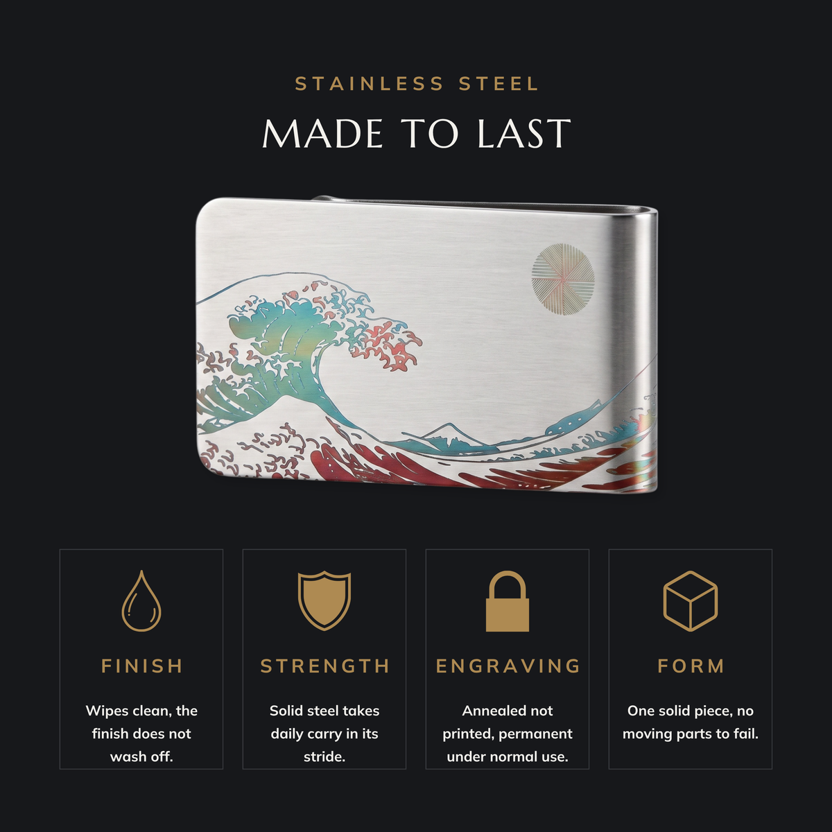 DAYBREAK stainless steel money clip features
