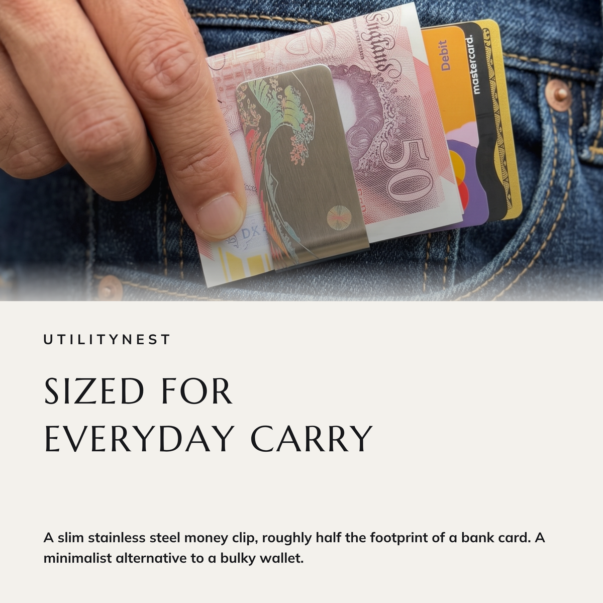 DAYBREAK money clip carried in a jeans pocket