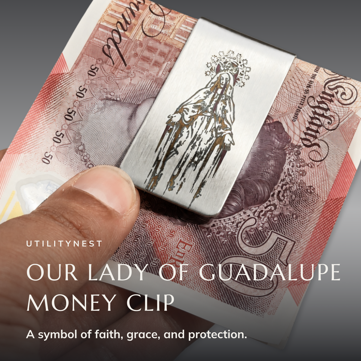 DEVOTION Our Lady of Guadalupe money clip holding folded notes