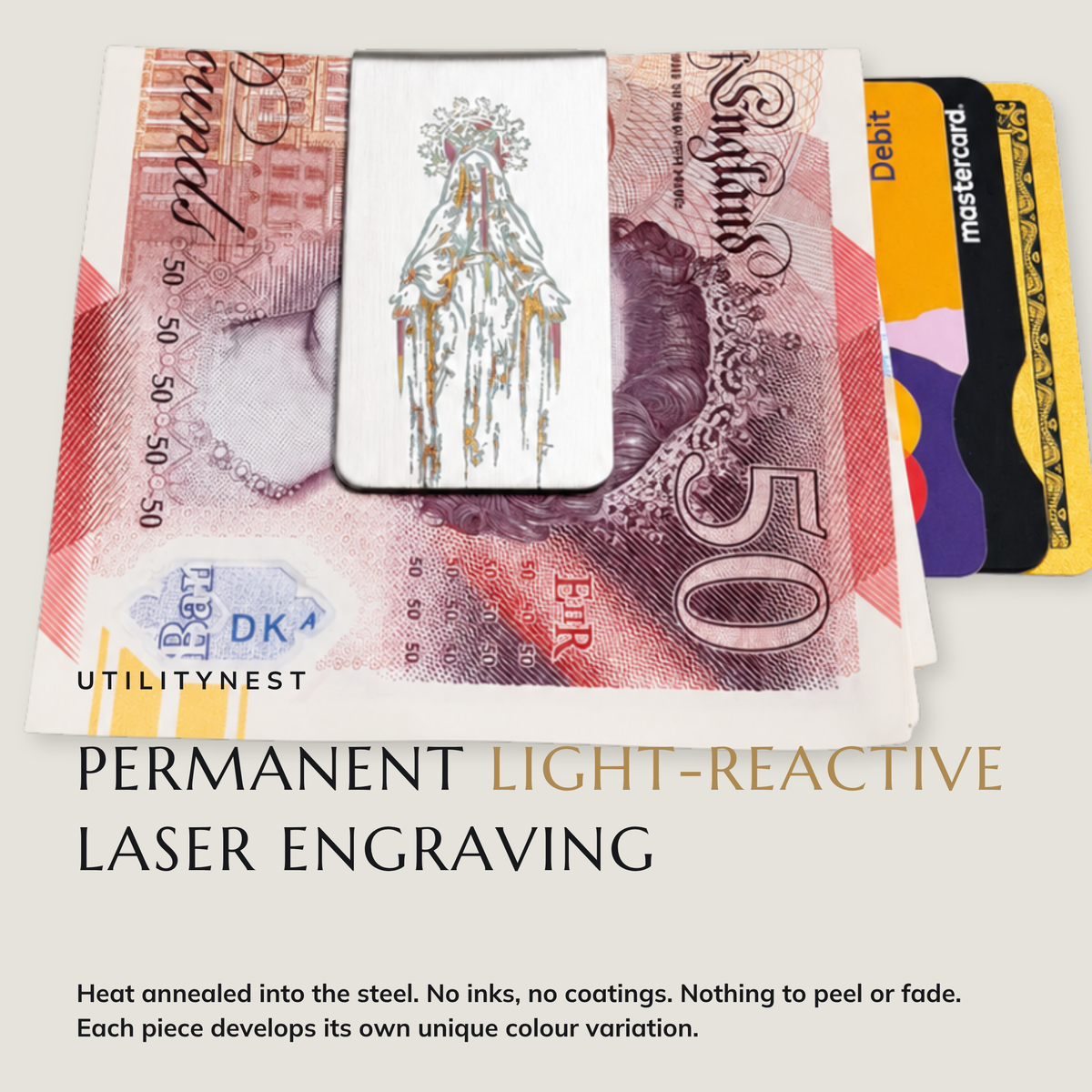 DEVOTION laser annealed money clip with notes and cards