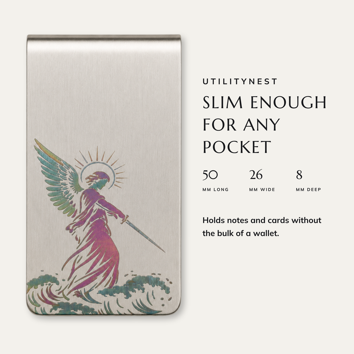 SENTINEL money clip dimensions: 50 × 26 × 8 mm