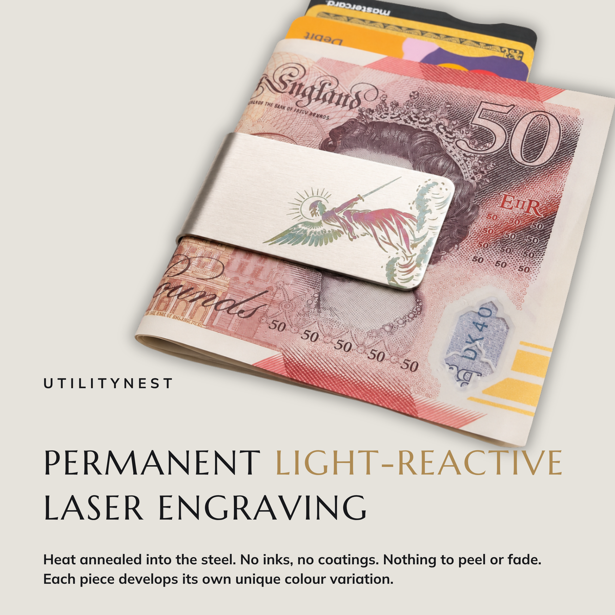 SENTINEL laser annealed money clip with notes and cards