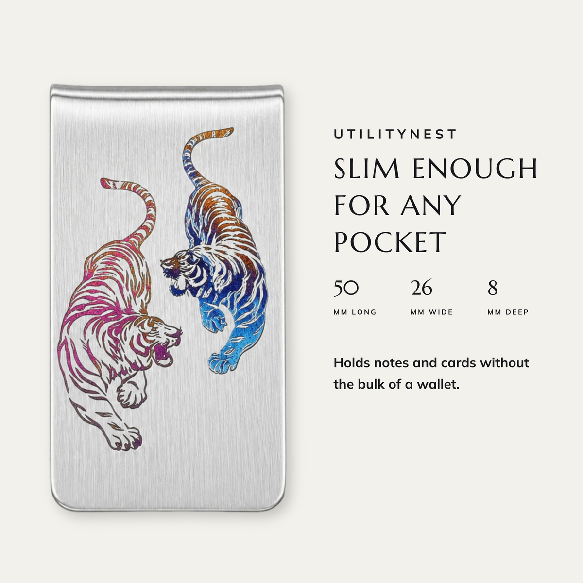 TIGER EQUINOX money clip dimensions: 50 × 26 × 8 mm