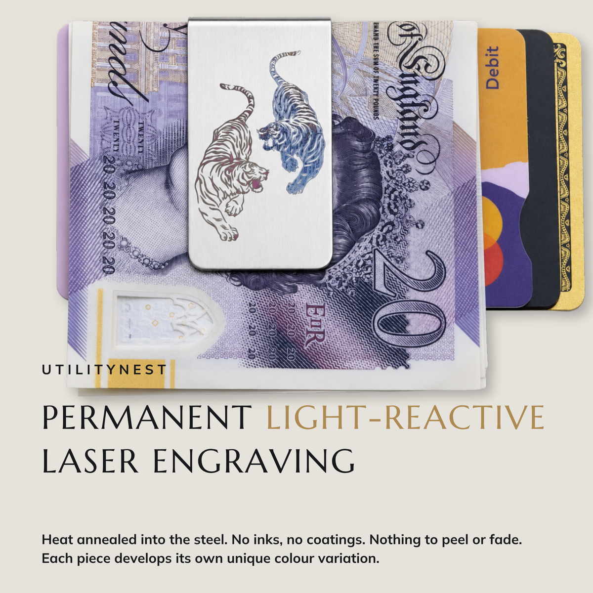 TIGER EQUINOX laser annealed money clip with notes and cards