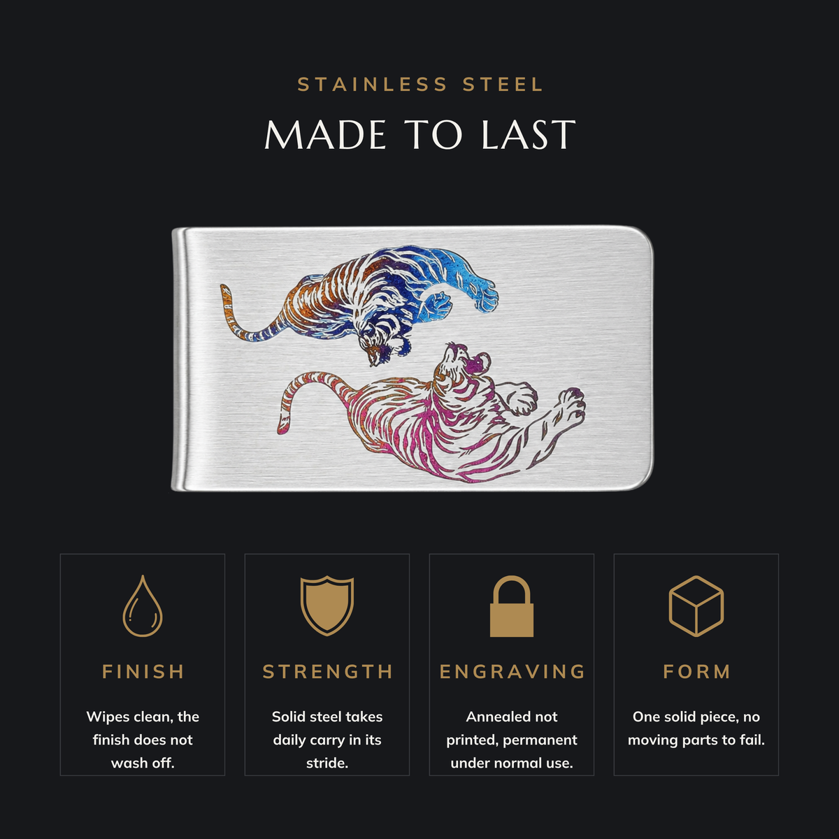 TIGER EQUINOX stainless steel money clip features