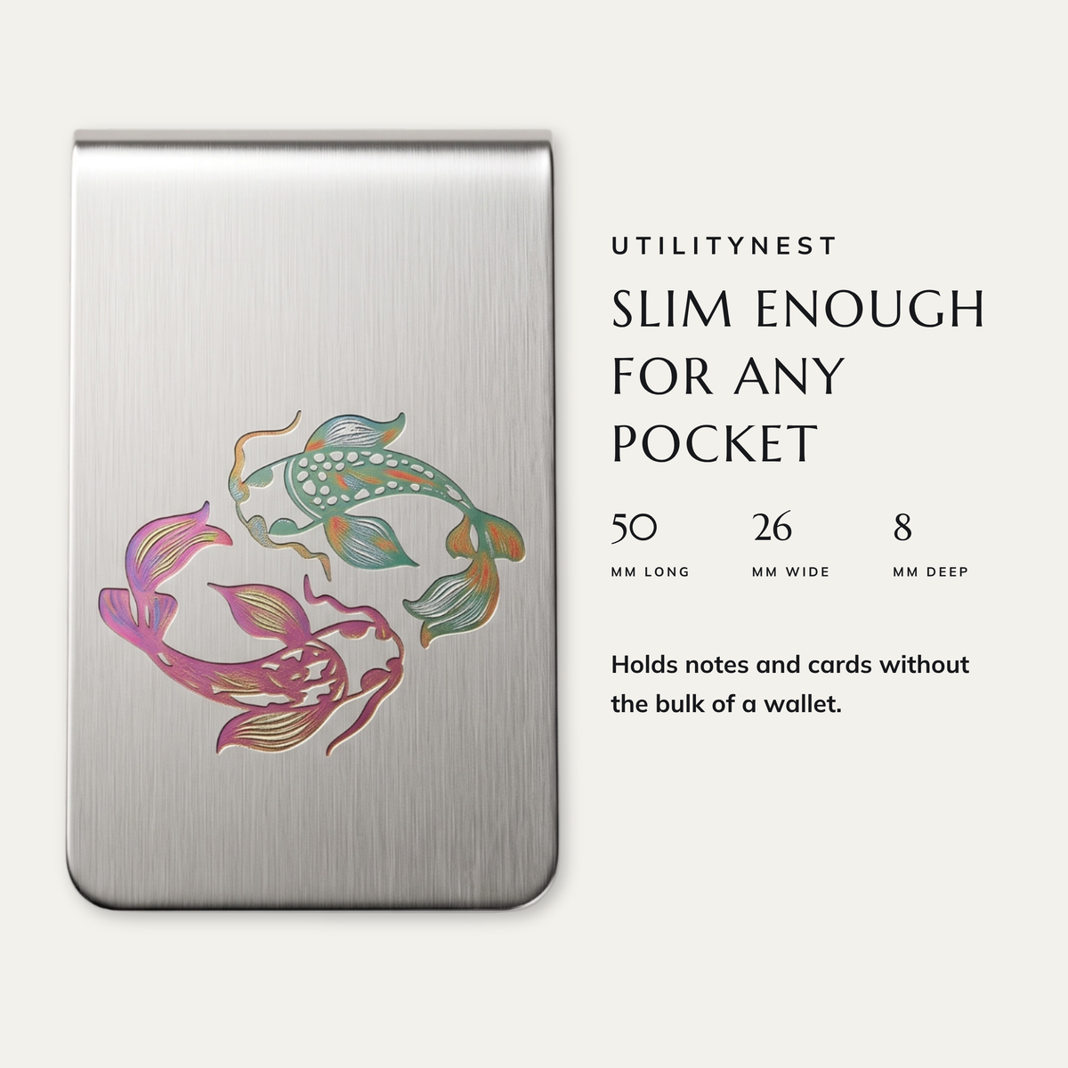 TWIN CURRENT money clip dimensions: 50 × 26 × 8 mm