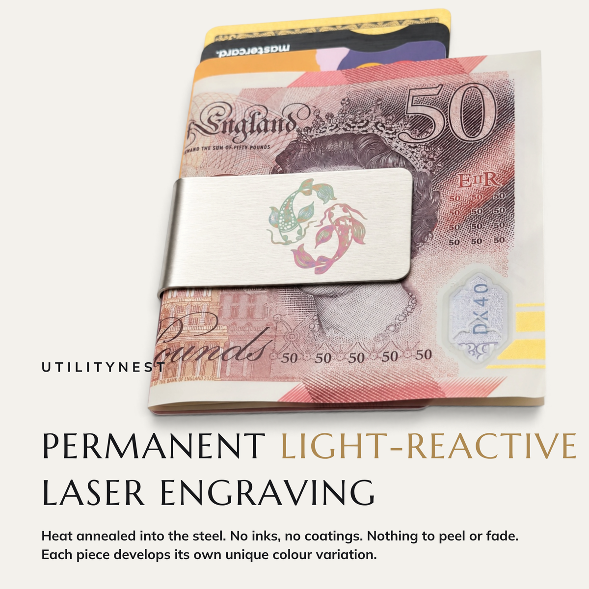 TWIN CURRENT laser annealed money clip with notes and cards