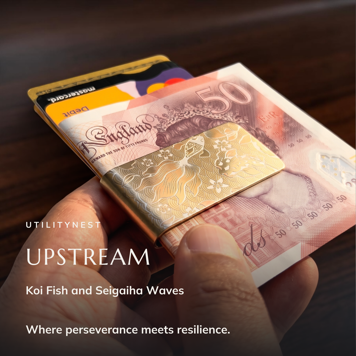 UPSTREAM Koi Fish and Seigaiha Waves money clip holding folded notes