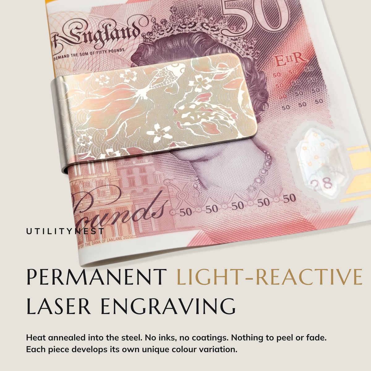 UPSTREAM laser annealed money clip with notes and cards